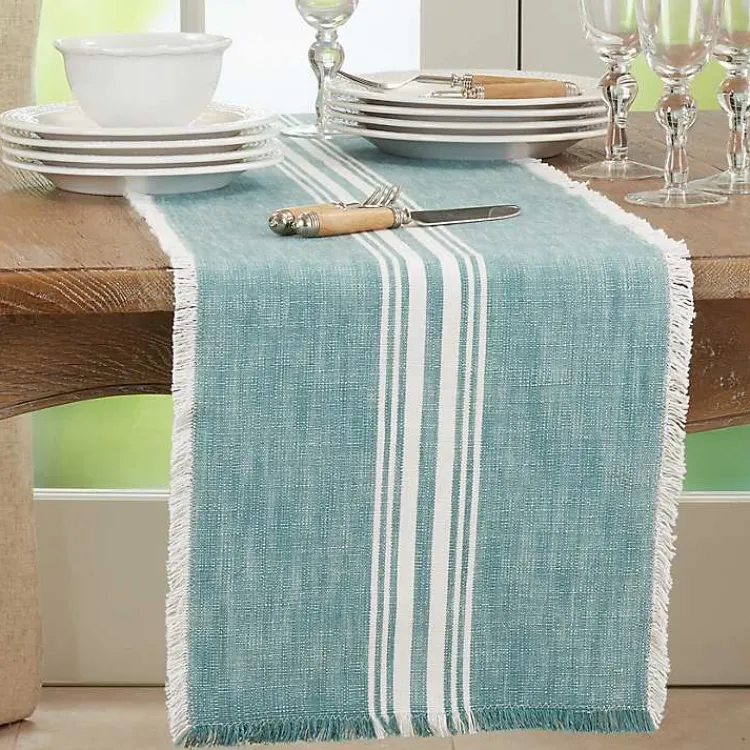 Kirklands Home Table Linens|Light Blue Striped Fringe Table Runner, 72 in.