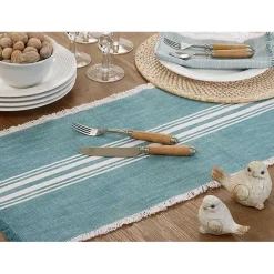 Kirklands Home Table Linens|Light Blue Striped Fringe Table Runner, 72 in.