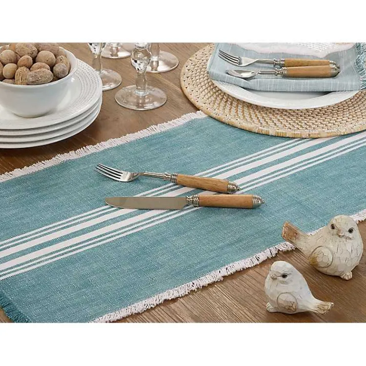 Kirklands Home Table Linens|Light Blue Striped Fringe Table Runner, 72 in.