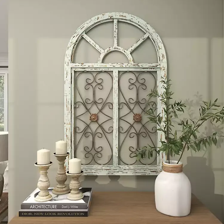 Kirklands Home Wall Plaques|Light Blue Wood Arched Window Wall Plaque