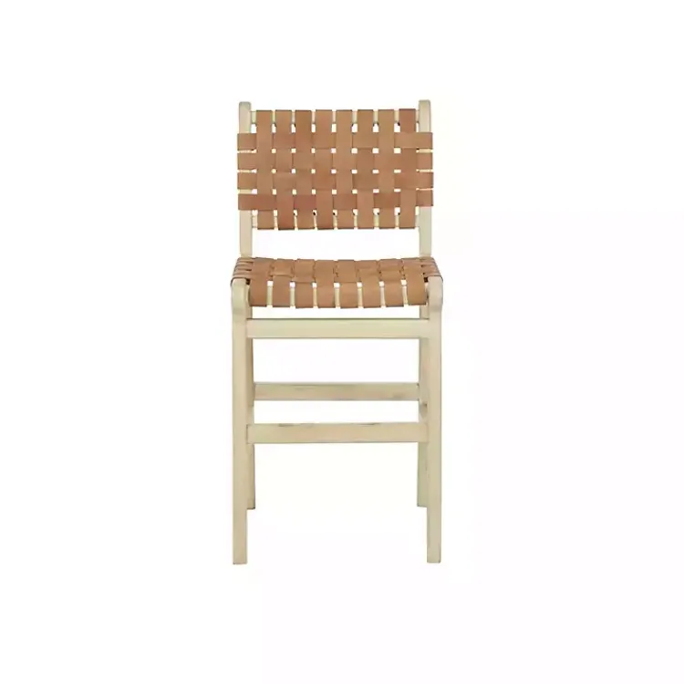 Kirklands Home Bar Stools & Counter Height Stools|Light Brown Woven Leather Wooden Counter Stool Tan