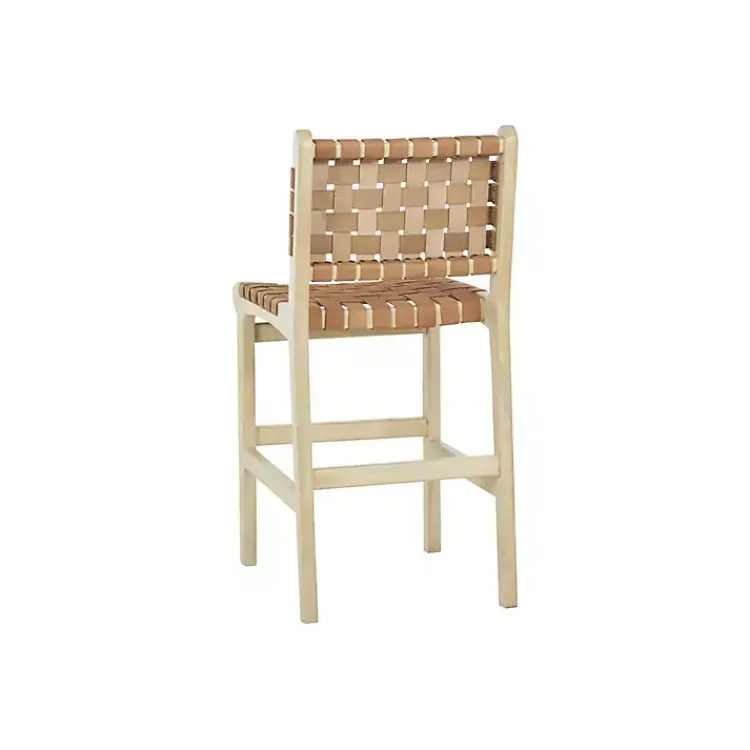 Kirklands Home Bar Stools & Counter Height Stools|Light Brown Woven Leather Wooden Counter Stool Tan