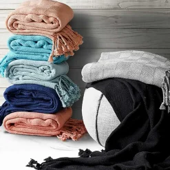 Light Checkered Weave Fringe Throw Blankets & Throws