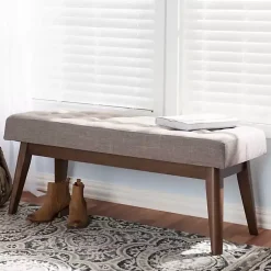 Kirklands Home Benches & Ottomans|Light Tufted Walnut Wood Bench Gray