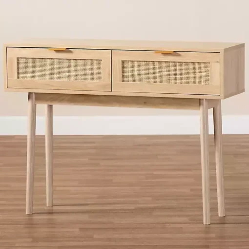 Kirklands Home Console Tables|Light Oak Rat and Wood Console Table Tan