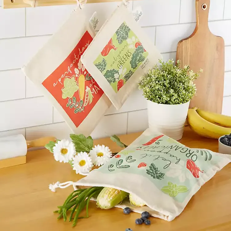 Kirklands Home Kitchen Accessories|Market Veggies Produce Bags, Set of 3