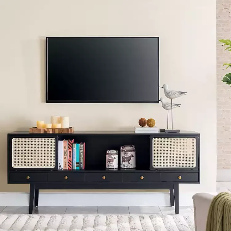 Kirklands Home Tv Stands & Media Consoles|Matilda Midcentury Woven Cane Media Cabinet Black