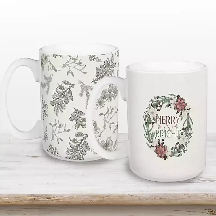 New Merry & Bright Wreath Christmas Mugs, Set of 2 Christmas Dining & Entertaining