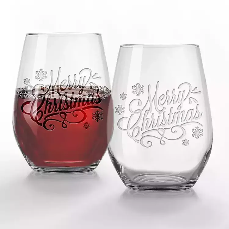 Discount Merry Christmas Etched Wine Glasses, Set of 2 Christmas Dining & Entertaining