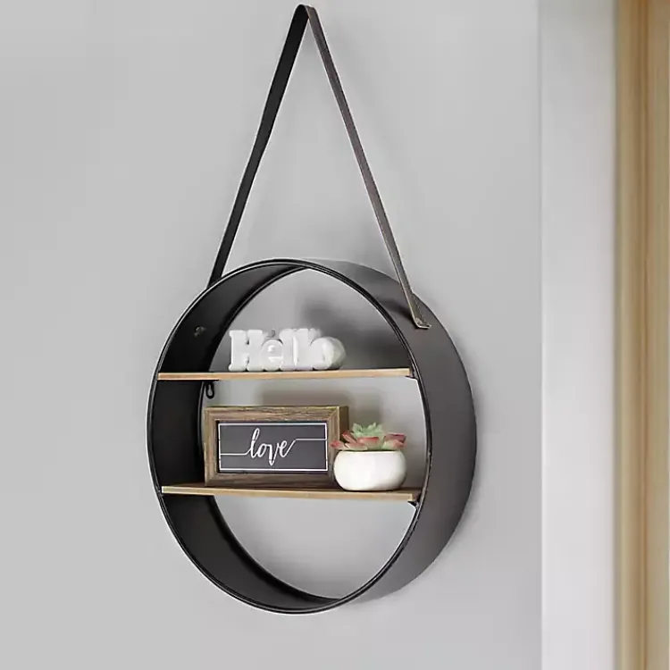 Kirklands Home Shelves|Metal Circle Wall Shelf with Leather Strap