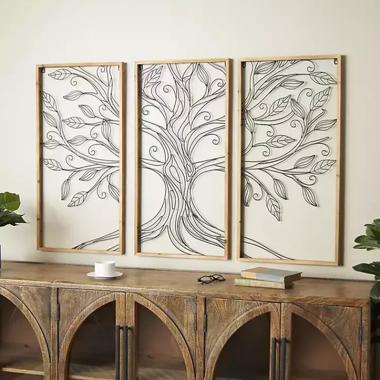 Kirklands Home Wall Plaques|Metal Wire Tree Panel Wall Plaques, Set of 3