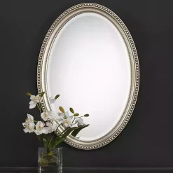 Kirklands Home Decorative Mirrors|Metallic Silver Beaded Edge Oval Mirror