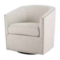 Kirklands Home Accent Chairs|Metro Club Natural Swivel Chair with Nailhead Trim Ivory