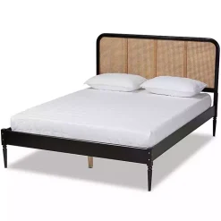 Kirklands Home Beds & Headboards|Mid-Century Black Wood Rattan Queen Platform Bed