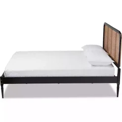 Kirklands Home Beds & Headboards|Mid-Century Black Wood Rattan Queen Platform Bed