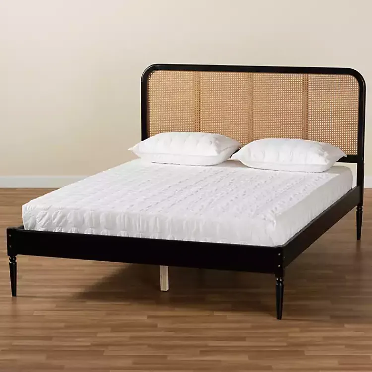 Kirklands Home Beds & Headboards|Mid-Century Black Wood Rattan Queen Platform Bed