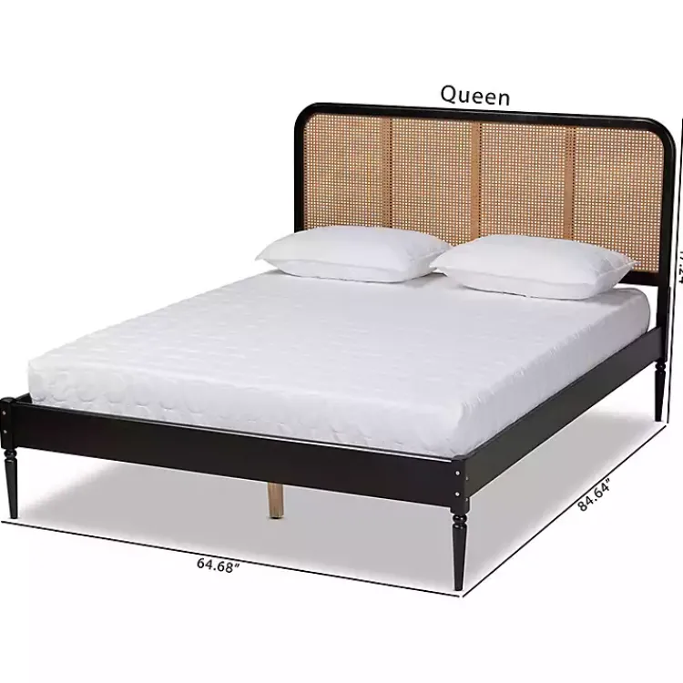 Kirklands Home Beds & Headboards|Mid-Century Black Wood Rattan Queen Platform Bed