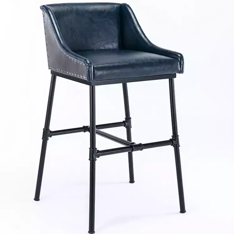 Kirklands Home Bar Stools & Counter Height Stools|Midnight Faux Leather Parlor Bar Stool Blue