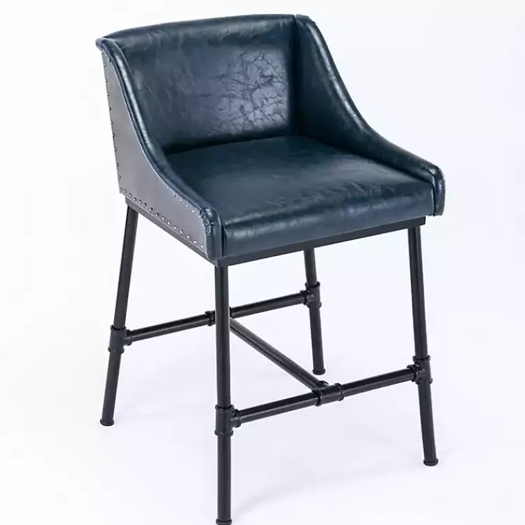 Kirklands Home Bar Stools & Counter Height Stools|Midnight Faux Leather Parlor Bar Stool Blue