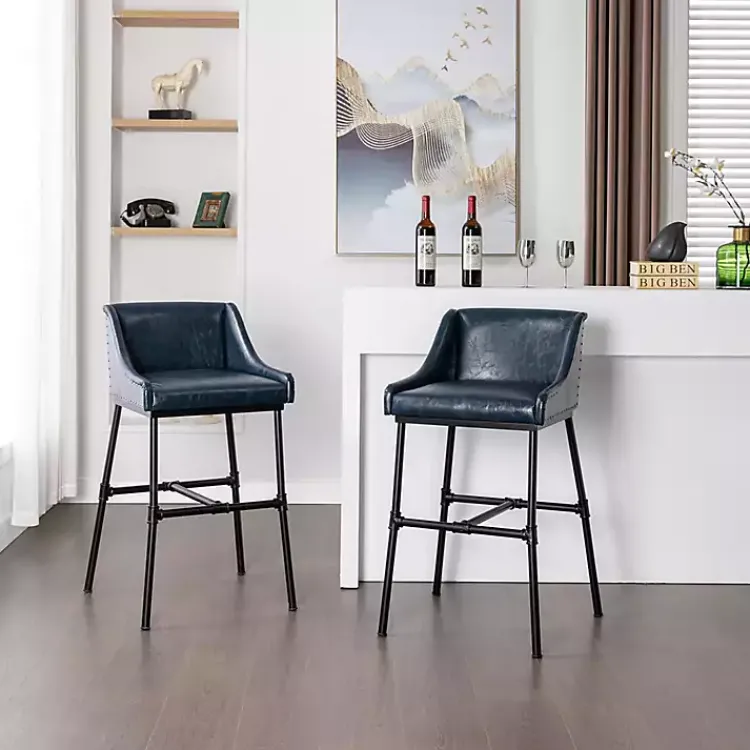 Kirklands Home Bar Stools & Counter Height Stools|Midnight Faux Leather Parlor Bar Stool Blue