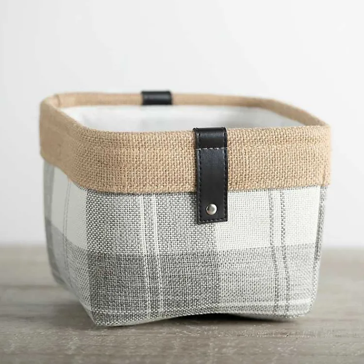 Clearance Mini Gray Plaid Bin with Leather Accent Baskets & Boxes