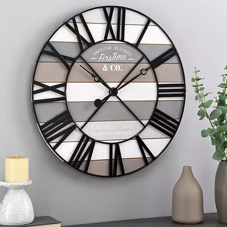 Kirklands Home Clocks|Mixed Plank and Black Metal Wall Clock
