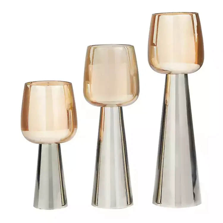 Modern Silver Base Glass 3-pc. Candle Holder Set Candle Holders
