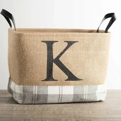 Monogrammed K Gray Plaid Leather Handle Jute Bin Baskets & Boxes