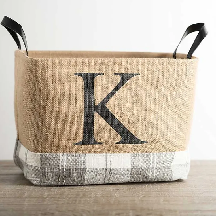 Monogrammed K Gray Plaid Leather Handle Jute Bin Baskets & Boxes