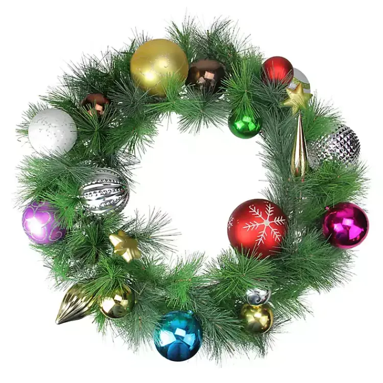 New Multicolored Ornaments and Pine Wreath Christmas Wreaths