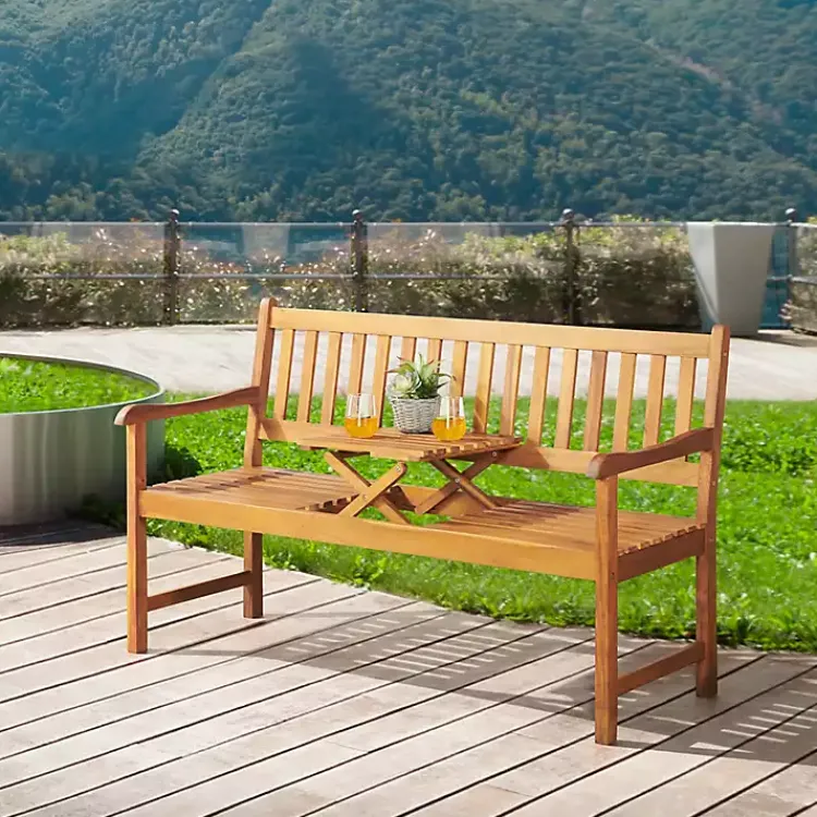 Kirklands Home Outdoor Seating|Natural Acacia Wood Bench with Pop-Up Table Tan