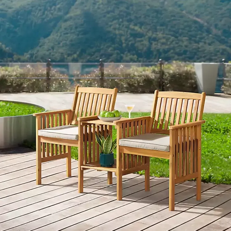 Kirklands Home Outdoor Sets|Natural Acacia Wood Ivory Cushion 3-pc. Patio Set
