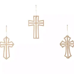 Kirklands Home Wall Plaques|Natural Beaded Wood Cross Wall Plaques, Set of 3 Tan