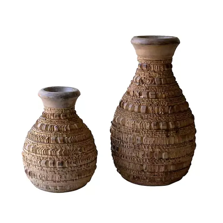 Natural Carved Textured Wood Vases, Set of 2 Vases