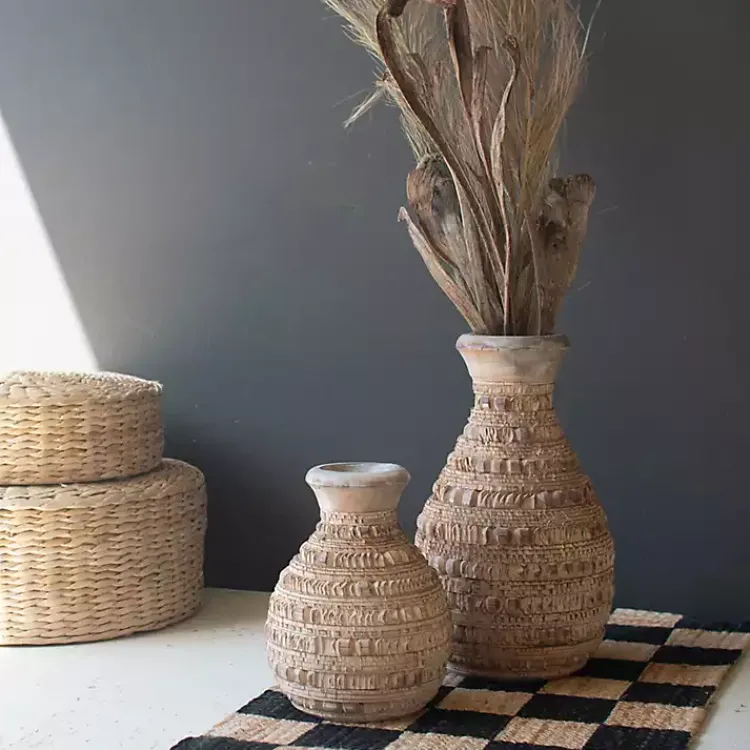 Natural Carved Textured Wood Vases, Set of 2 Vases