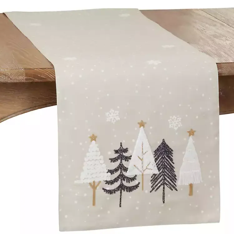 Kirklands Home Table Linens|Natural Embroidered Christmas Trees Table Runner