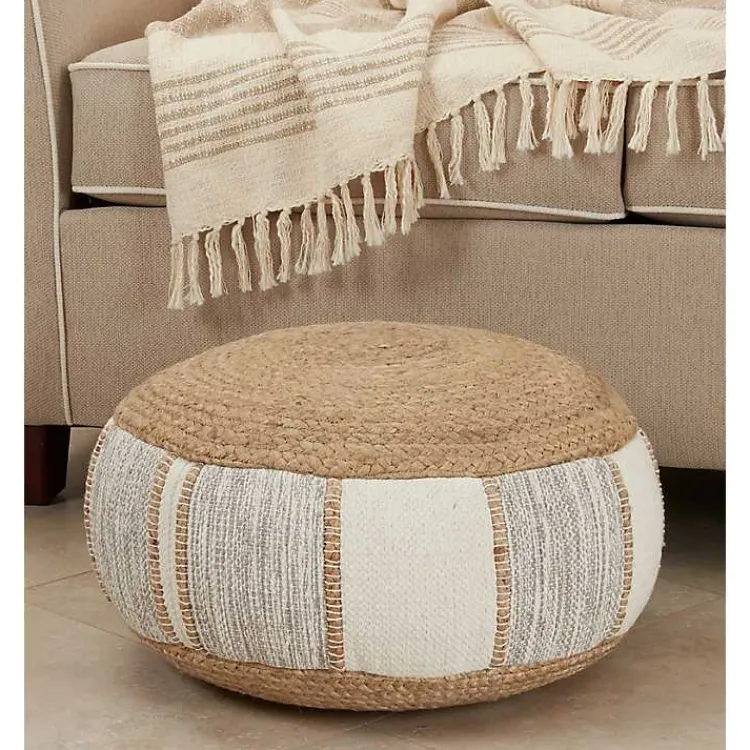 New Natural Gray and White Striped Jute Pouf Poufs & Floor Cushions