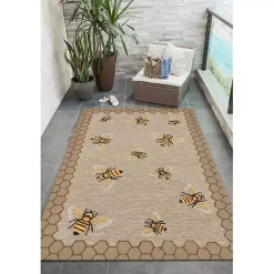 Kirklands Home Outdoor Rugs|Natural Honeycomb & Bees Outdoor Accent Rug