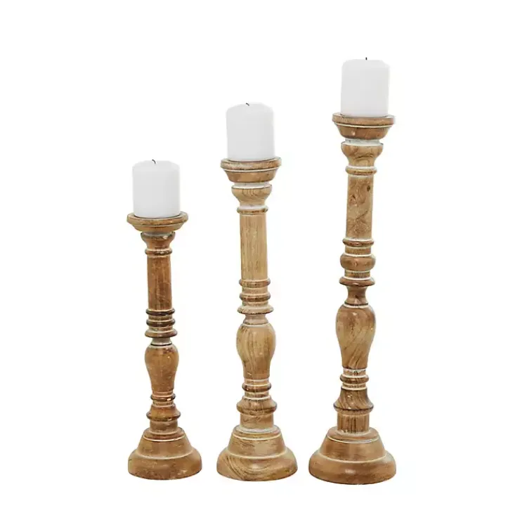 Clearance Natural Mango Wood Carved Candle Holders, Set of 3 Candle Holders