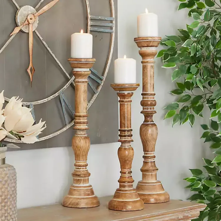 Clearance Natural Mango Wood Carved Candle Holders, Set of 3 Candle Holders