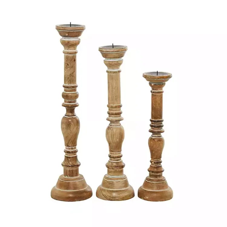 Clearance Natural Mango Wood Carved Candle Holders, Set of 3 Candle Holders
