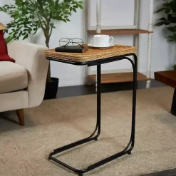 Kirklands Home Accent & End Tables|Natural Seagrass and Black Metal C-Table Tan