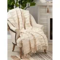 Online Natural Striped and Fringe Throw Blanket Blankets & Throws