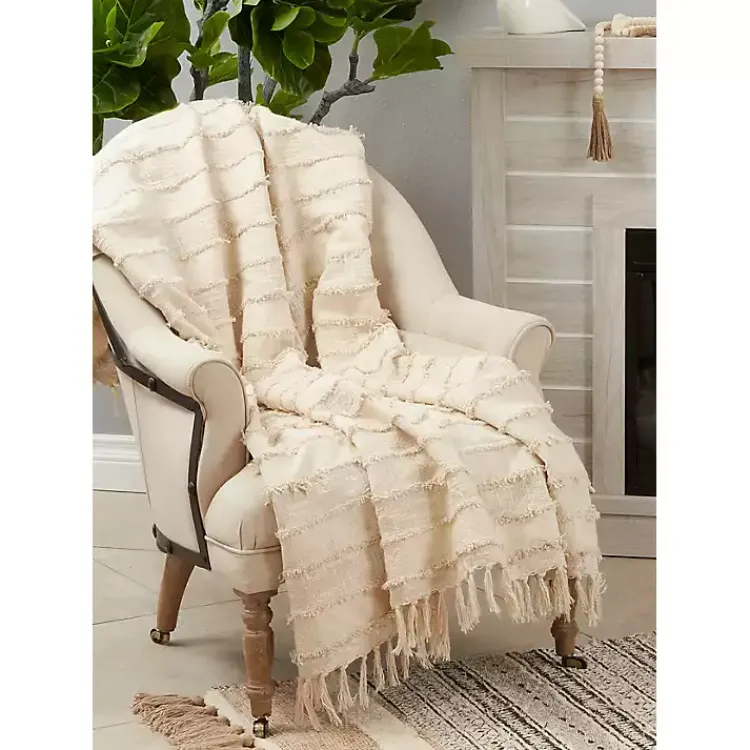 Online Natural Striped and Fringe Throw Blanket Blankets & Throws