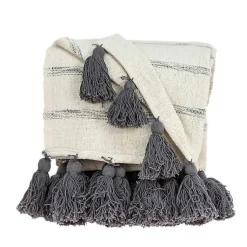 Sale Natural Striped Cotton Handloomed Tassel Throw Blankets & Throws