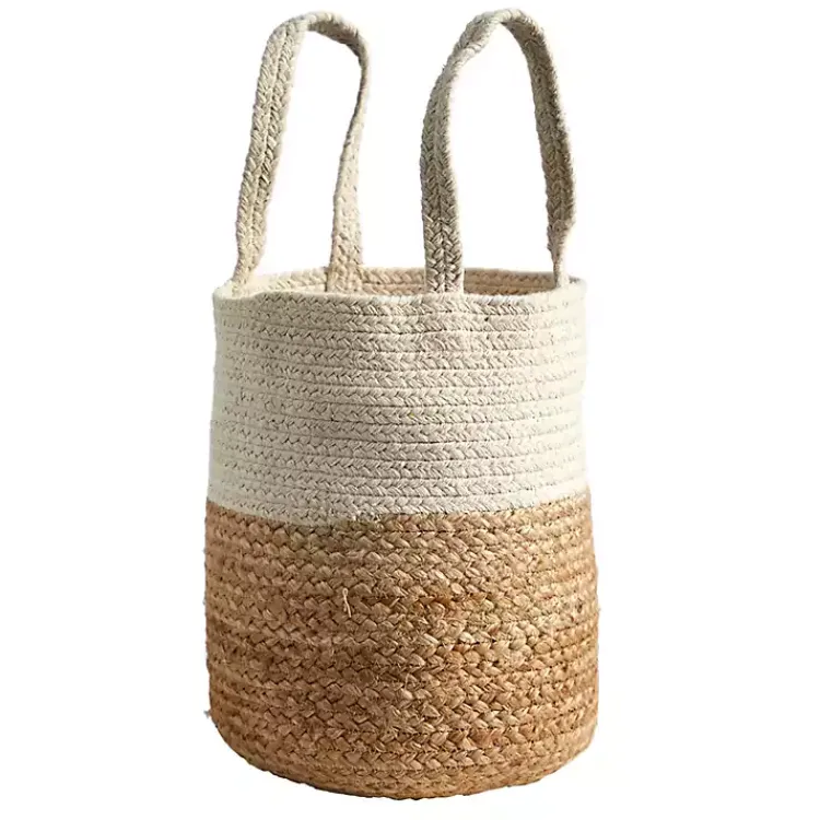 New Natural Tan and White Jute Basket with Handles Baskets & Boxes