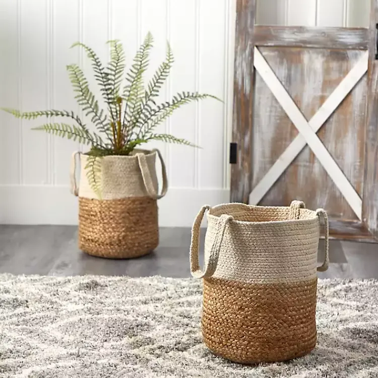 New Natural Tan and White Jute Basket with Handles Baskets & Boxes