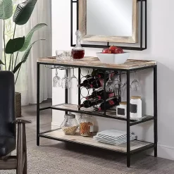 Kirklands Home Console Tables|Natural Wood & Black Metal Wine Rack Console Table