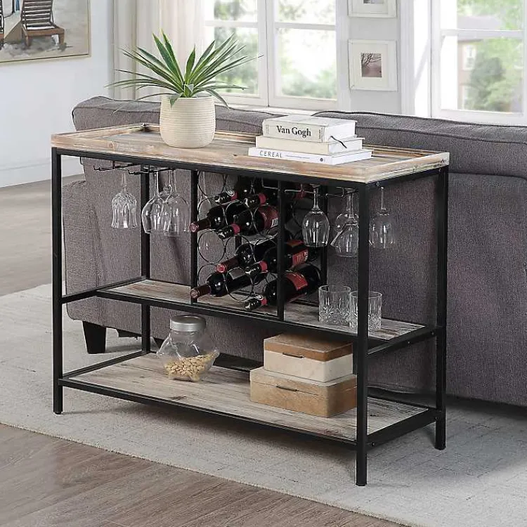 Kirklands Home Console Tables|Natural Wood & Black Metal Wine Rack Console Table