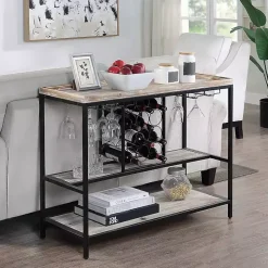 Kirklands Home Console Tables|Natural Wood & Black Metal Wine Rack Console Table